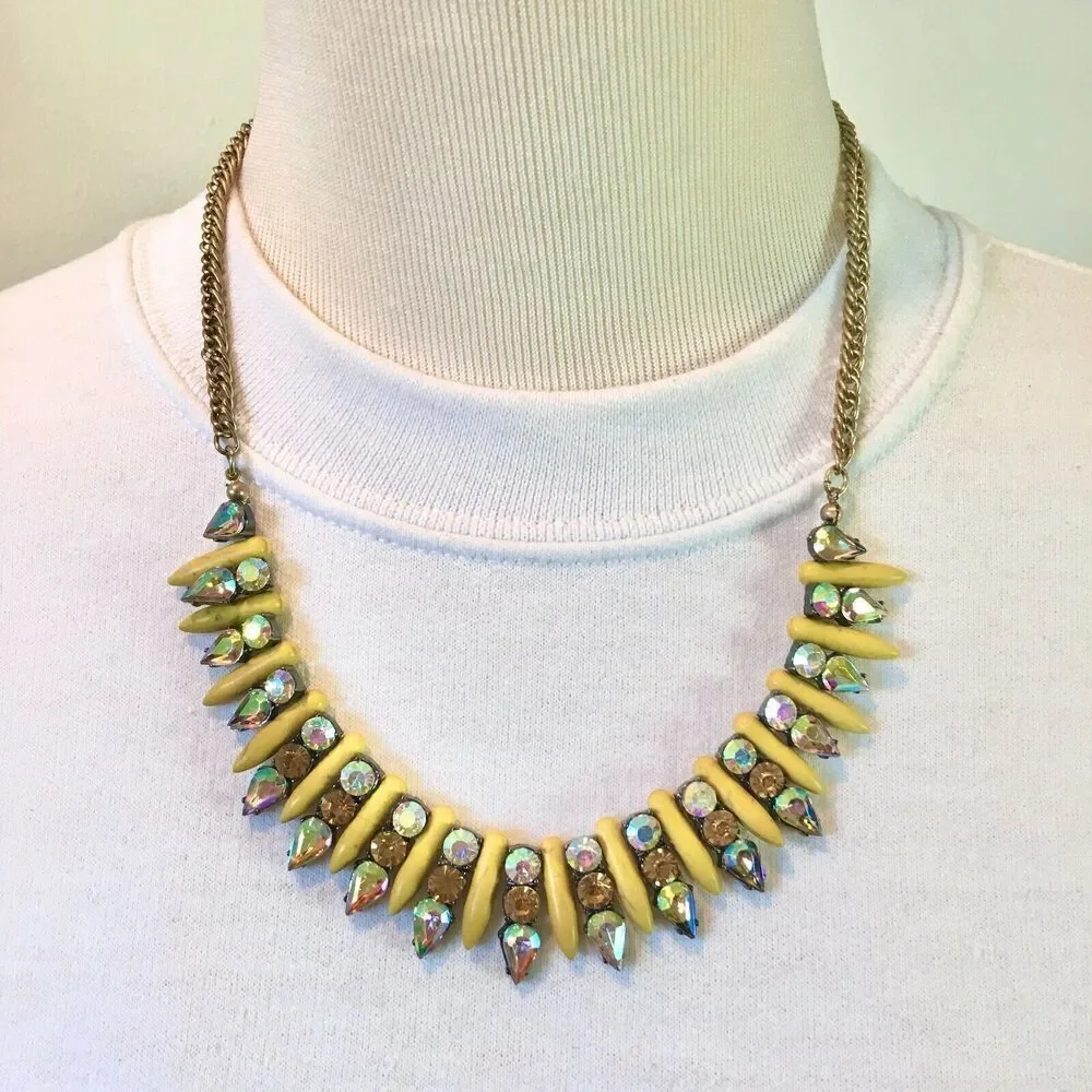 Rhinestone Necklace 21 Inch Gold Tone Chain Yellow Spike Statement Necklace